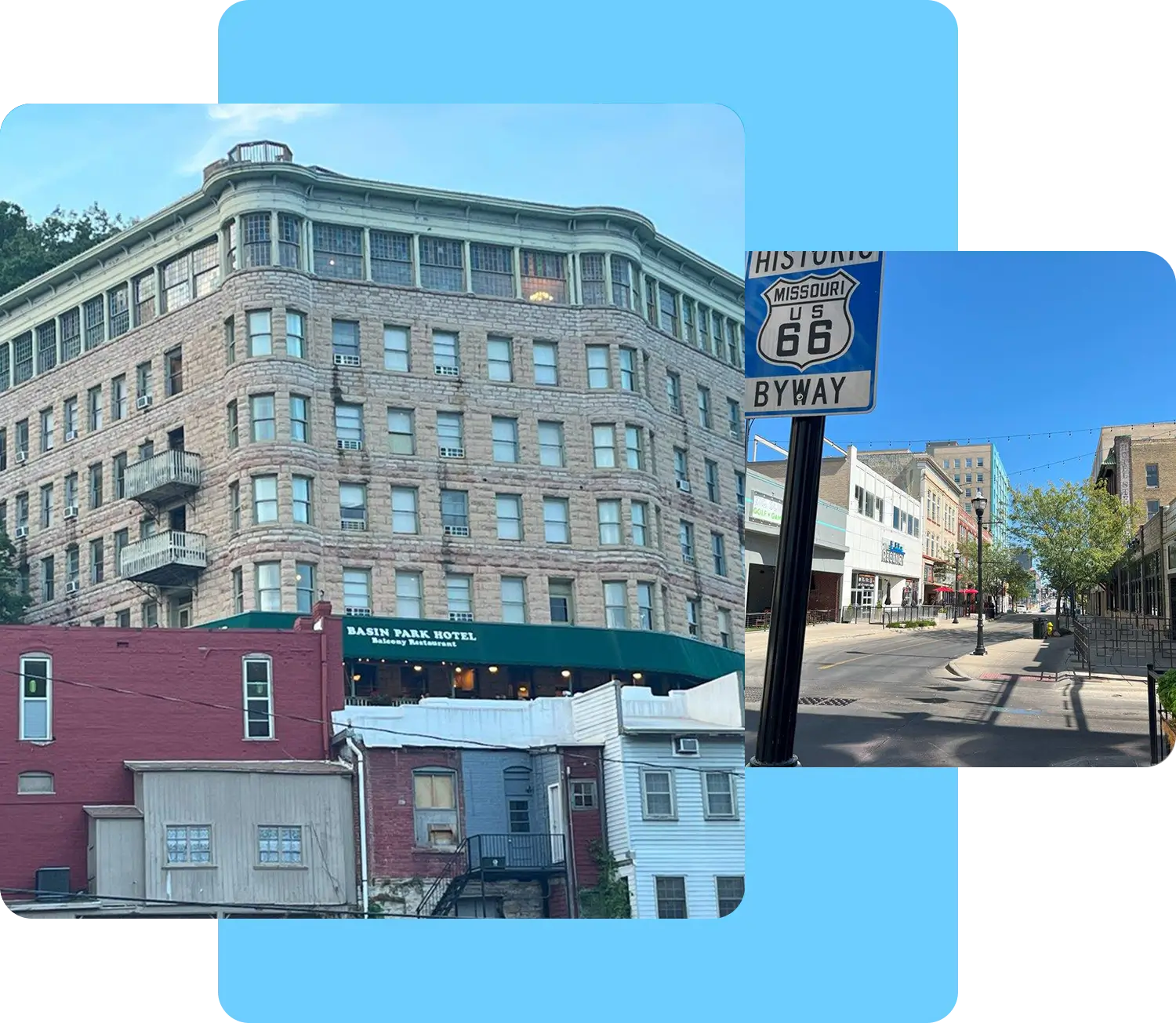 A collage of buildings and street signs